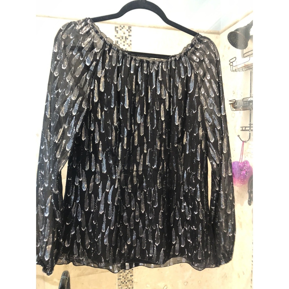 White House Black Market Small Blouse Top Embroidered Silk Silver Shimmer